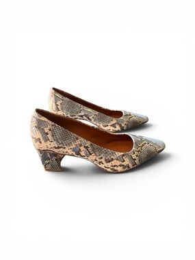 Franco Sarto Snakeskin Block Heel Pumps - Beige and Gray
